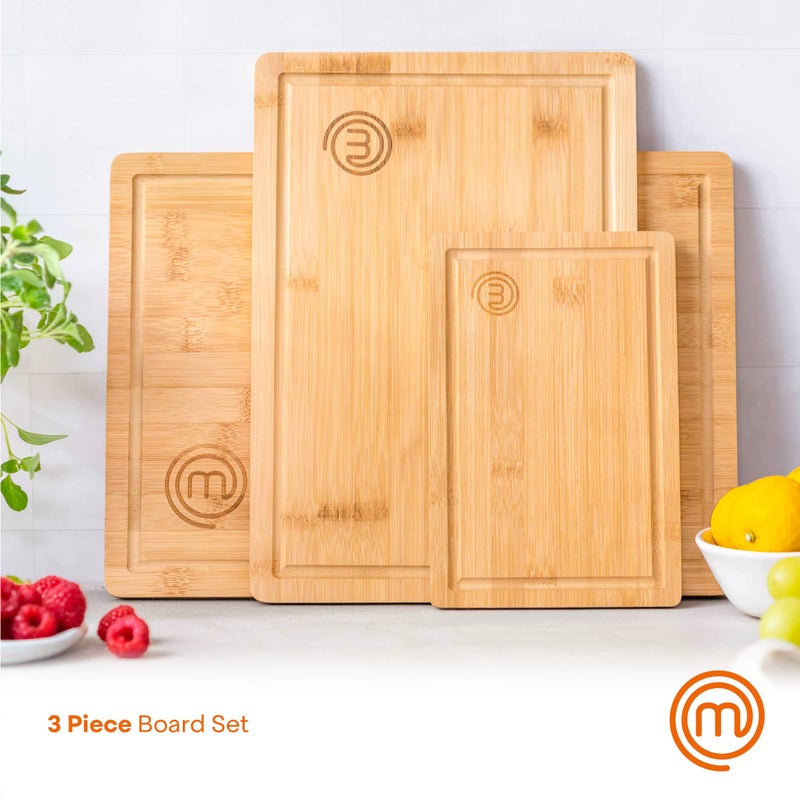 MasterChef Cutting Boards for Kitchen  Bamboo Chopping Board Set of 3  Organic Food Safe Surfaces for Preparing & Serving Meat  Cheese etc  Large  Medium & Small Wooden Boards with Juice Grooves - Image 2
